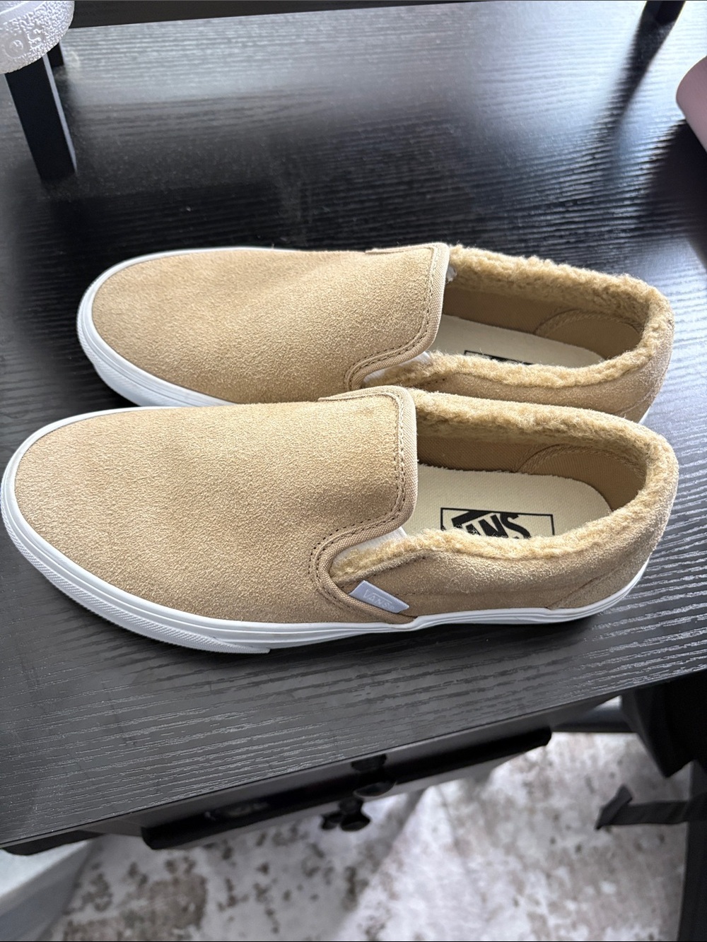 Vans Tan Slip-On Sneakers with Sherpa Collar